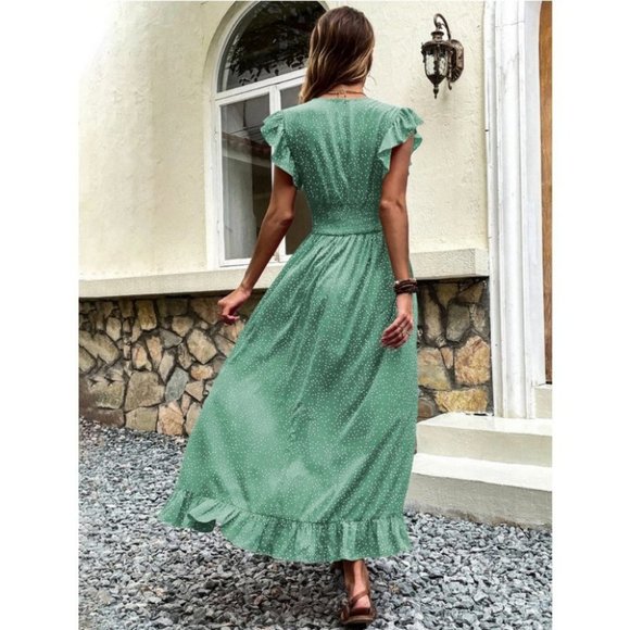 Green Polka Dot Print Butterfly Sleeved Shirred Ruffle Trim Wrap Hem Dress - Picture 3 of 7